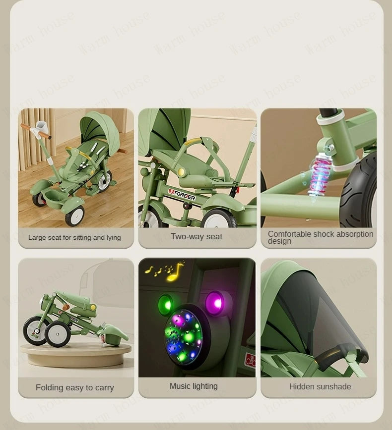 New Children's Tricycle,Reclining and Sitting Foldable Portable Stroller,1-6 Years Old Multifunctional Children's Bicycle