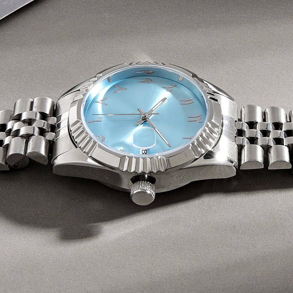 Baby Blue Arabic Watches Unisex Steel Watchband Mechanical Wristwatch Waterproof