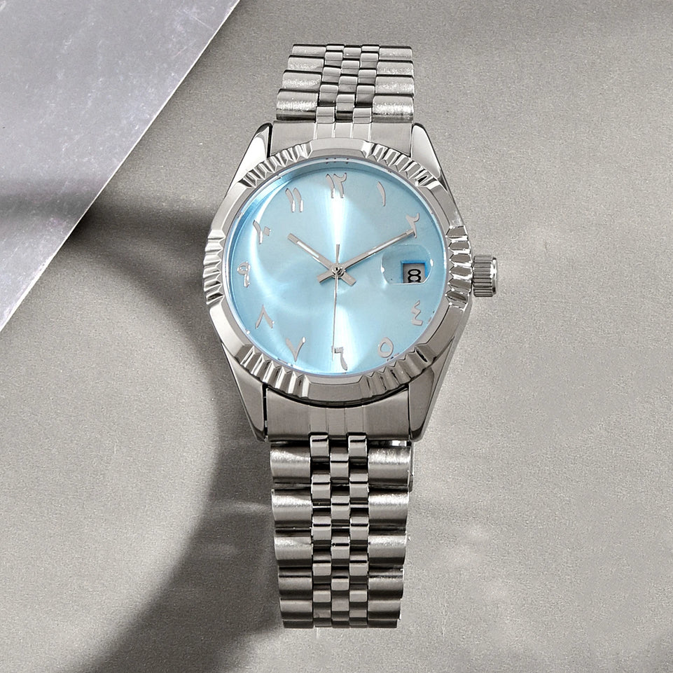 Baby Blue Arabic Watches Unisex Steel Watchband Mechanical Wristwatch Waterproof