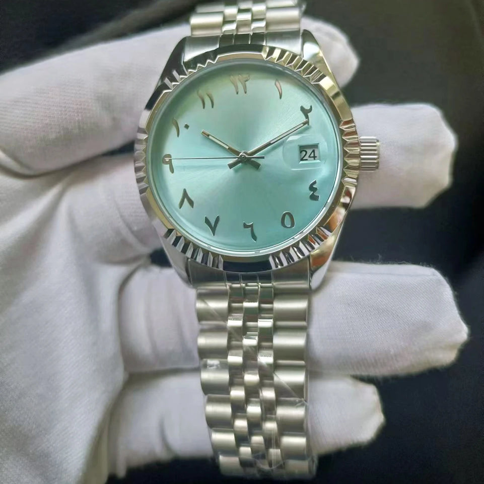 Baby Blue Arabic Watches Unisex Steel Watchband Mechanical Wristwatch Waterproof