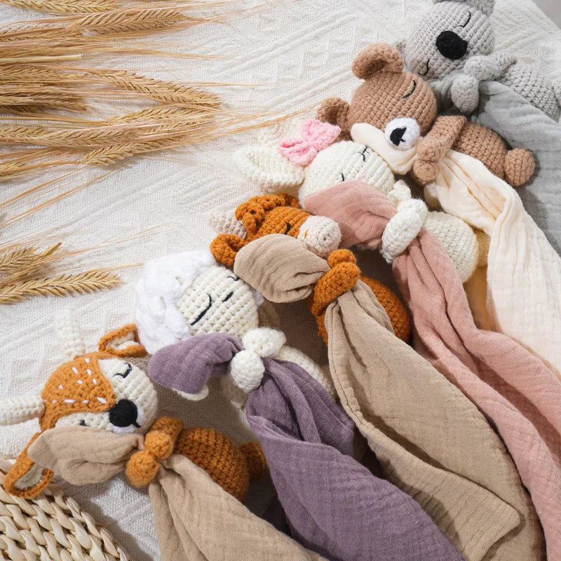 Baby Sleeping Toy Soother Towel Bib Animal Bear Cow Doll Infants Soft Comfort Bib Lovely Animal Baby Security Blanket with Noise