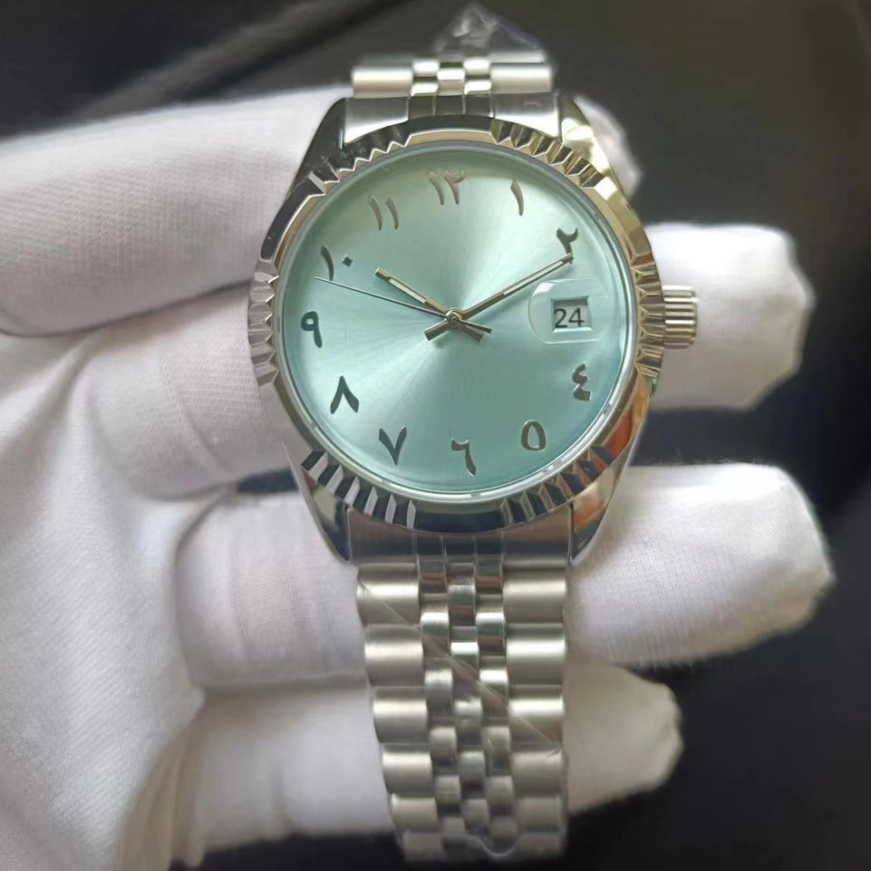 Baby Blue Arabic Watches Unisex Steel Watchband Mechanical Wristwatch Waterproof