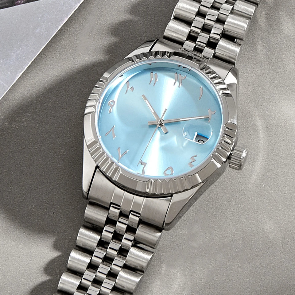 Baby Blue Arabic Watches Unisex Steel Watchband Mechanical Wristwatch Waterproof