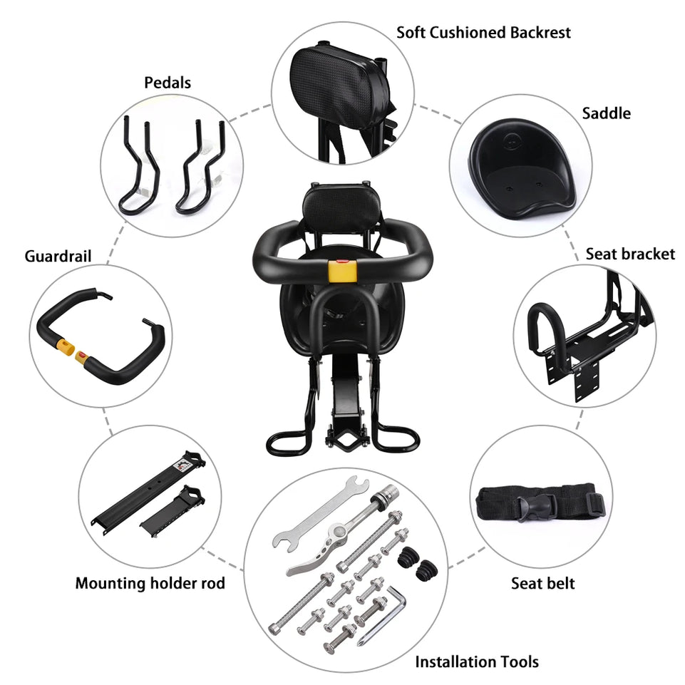 Safety Child Bicycle Seat Bike Front Baby Seat Kids Saddle with Foot Pedals Support Back Rest for MTB Road Bike