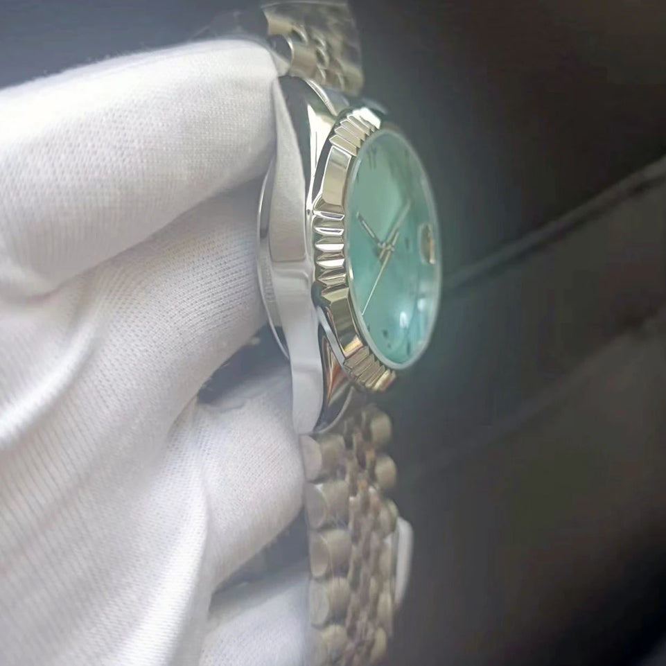 Baby Blue Arabic Watches Unisex Steel Watchband Mechanical Wristwatch Waterproof