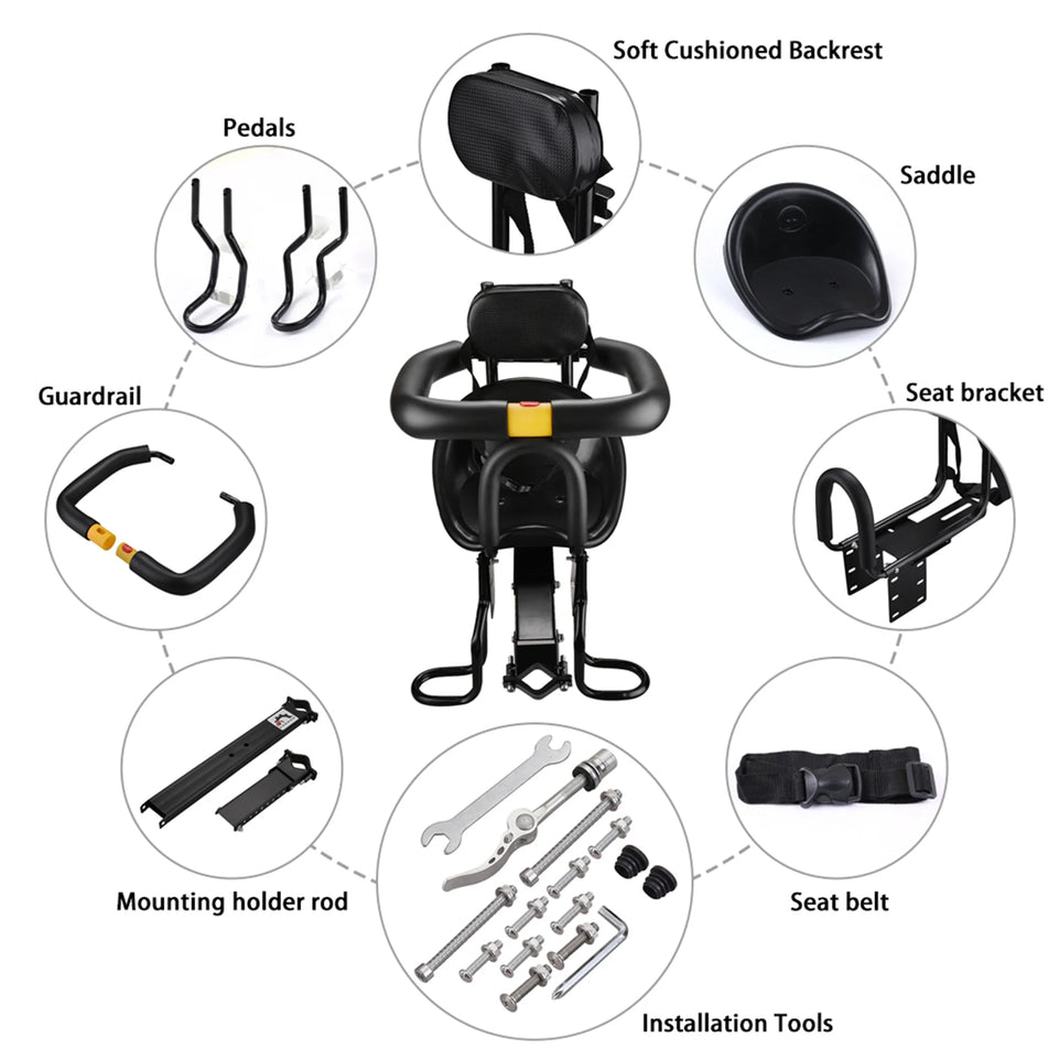 Safety Child Bicycle Seat Bike Front Baby Seat Kids Saddle with Foot Pedals Support Back Rest for MTB Road Bike